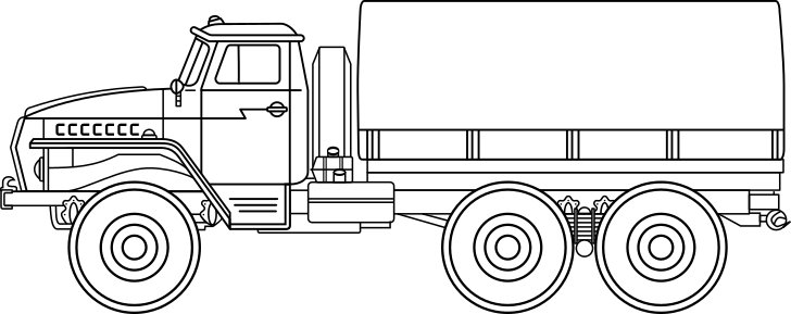 Omalovánka, obrázek Kamion - Dopravní prostředky - k vytisknutí, pro děti k vybarvení zdarma, online ke stažení a vytištění