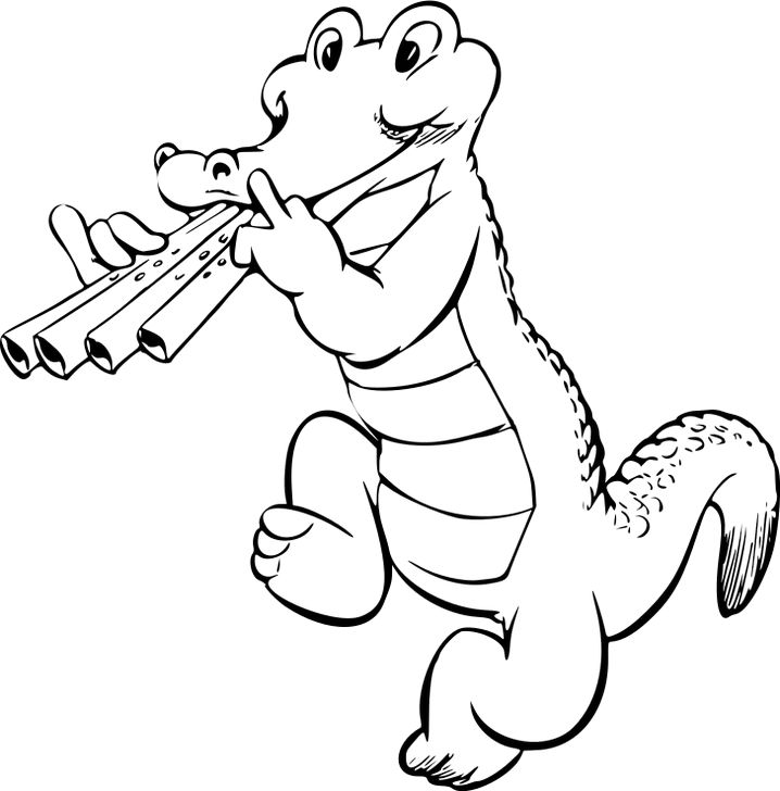 Omalovánka, obrázek Krokodýl hudebník - Hudba - k vytisknutí, pro děti k vybarvení zdarma, online ke stažení a vytištění