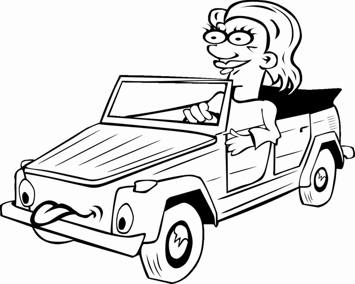 Omalovánka, obrázek Žena za volantem - Auta - k vytisknutí, pro děti k vybarvení zdarma, online ke stažení a vytištění