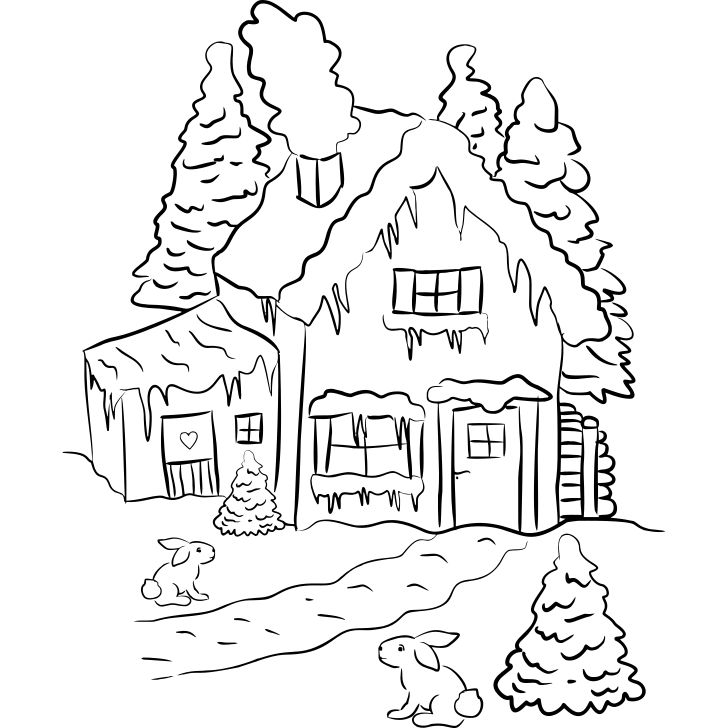 Omalovánka, obrázek Zimní krajina - Vánoce - k vytisknutí, pro děti k vybarvení zdarma, online ke stažení a vytištění